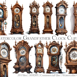 Ensemble de 20 cliparts aquarelles d'horloges grand-père avec téléchargement immédiat et utilisation commerciale, Format PNG + PDF, parfait pour les travaux manuels.