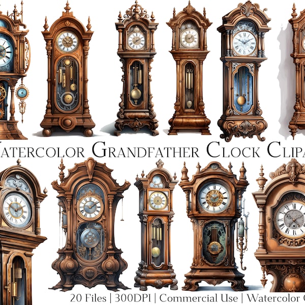 Aquarelle Grand-pères Horloges Clipart Ensemble de 20 fichiers avec téléchargement instantané et utilisation commerciale, format PNG + PDF, parfait pour l’artisanat de bricolage.