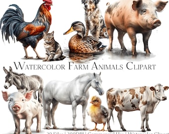 Watercolor Farm Animals Clipart: 20 PNG & PDF Files (Commercial Use)