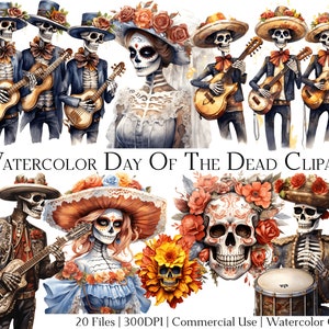 Aquarell Day Of The Dead Clipart-Set mit 20 Dateien mit sofortigem Download und kommerzieller Nutzung, PNG + PDF-Format, perfekt für das Kunsthandwerk
