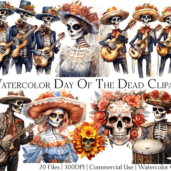 Watercolor Day Of The Dead Clipart Set of 20 Files with Instant Download & Commercial Use, PNG + PDF Format, Perfect for Crafts