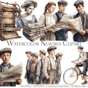 水彩 Newsies クリップアート セット (20 ファイル)、即時ダウンロード可能、商用利用可能、PNG + PDF 形式、DIY クラフトに最適。