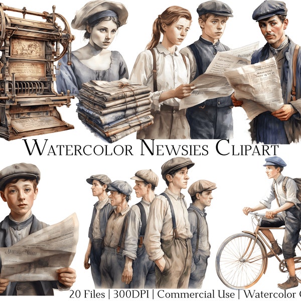 Watercolor Newsies Clipart Set of 20 Files with Instant Download & Commercial Use, PNG + PDF Format, Perfect for DIY Crafts.