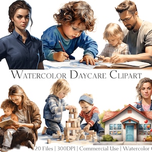 Aquarell Kindertagesstätte Clipart-Set mit 20 Dateien mit sofortigem Download und kommerzieller Nutzung, PNG + PDF-Format, perfekt für Heimwerker.