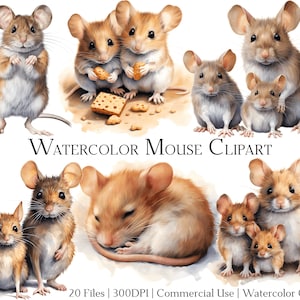 Aquarell Maus Clipart Set mit 20 Dateien mit sofortigem Download und kommerzieller Nutzung, PNG + PDF-Format Perfekt für Heimwerker.