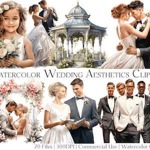 Conjunto de 20 archivos de imágenes prediseñadas de estética de boda en acuarela con descarga instantánea y uso comercial, formato PNG + PDF perfecto para invitaciones de bricolaje.