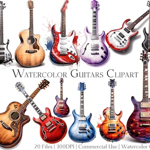 Aquarel gitaren clipartset van 20 bestanden met directe download en commercieel gebruik, png- en pdf-indeling, perfect voor doe-het-zelvers.