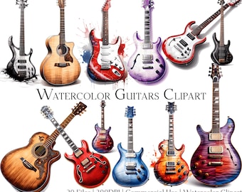 Watercolor Guitars Clipart Set of 20 Files with Instant Download & Commercial Use, PNG + PDF Format, Perfect for DIY Crafts.