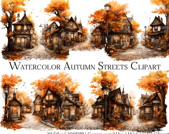 Watercolor Autumn Streets Clipart Set: 20 PNG & PDF Files