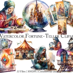May include: Watercolour clipart set featuring a fortune teller, a crystal ball, tarot cards, a tent, a wagon, and a book. The set is perfect for creating whimsical and magical designs.