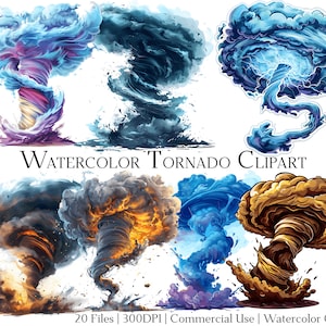Peut inclure: Un ensemble de 20 images clipart d'aquarelle de tornades dans différentes couleurs, notamment le bleu, le violet, le noir, l'or et l'orange. Les images sont en haute résolution et parfaites pour un usage commercial.