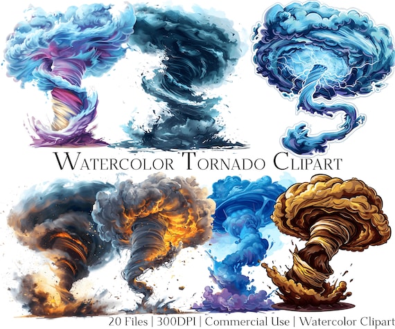 Watercolor Tornado Clipart Set: 20 PNG & PDF Files (Commercial Use)
