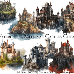Ensemble de 21 fichiers clipart aquarelle château médiéval avec téléchargement immédiat et utilisation commerciale, Format PNG + PDF, parfait pour les travaux manuels