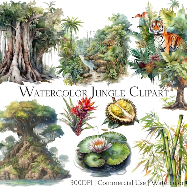 Watercolor Jungle Clipart Set of 20 Files with Instant Download & Commercial Use, PNG + PDF Format Perfect for DIY Crafts.