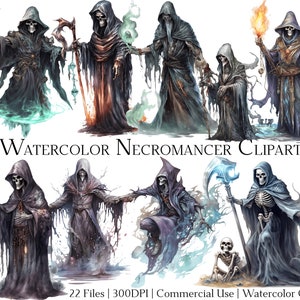Può includere: Set di clipart ad acquerello di 22 immagini che presentano diverse rappresentazioni di negromanti con tuniche scure e figure scheletriche. Le immagini sono in stile fantasy e sono perfette per l'uso in progetti digitali o fisici.