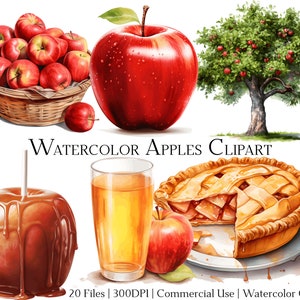 Aquarel appels clipartset van 20 bestanden met directe download en commercieel gebruik, png- en pdf-indeling, perfect voor doe-het-zelvers.