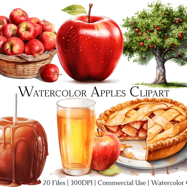 Watercolor Apples Clipart Set of 20 Files with Instant Download & Commercial Use, PNG + PDF Format, Perfect for DIY Crafts.