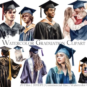 Conjunto de 20 archivos de imágenes prediseñadas de graduación de acuarela con descarga instantánea y uso comercial, formato PNG + PDF perfecto para manualidades de bricolaje.