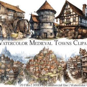 Watercolor Medieval Towns Clipart Set of 20 Files with Instant Download & Commercial Use, PNG + PDF Format, Perfect for DIY Crafts