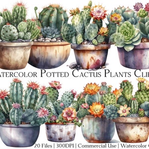 Aquarell Topfpflanzen Kaktus Pflanzen Clipart Set von 20 Dateien mit sofortigem Download und kommerzielle Nutzung, PNG + PDF-Format, perfekt für DIY Handwerk.