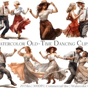 Puede incluir: Conjunto de clipart de acuarela de parejas bailando. Las parejas están vestidas con ropa vintage y están en varias poses. La obra de arte está en un estilo de acuarela y tiene un ambiente romántico.