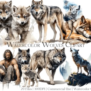 Watercolor Wolves Clipart Set of 20 Files with Instant Download & Commercial Use, PNG + PDF Format, Perfect for DIY Crafts