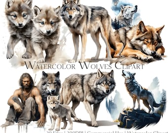 Watercolor Wolves Clipart Set: 20 PNG + PDF Files (Commercial Use)