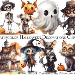 Watercolor Cute Halloween Decorations Clipart Set of 21 Files with Instant Download & Commercial Use, PNG + PDF Format, Perfect for Crafts