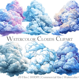 Watercolor Clouds Clipart Set of 20 Files with Instant Download & Commercial Use, PNG + PDF Format, Perfect for DIY Crafts.