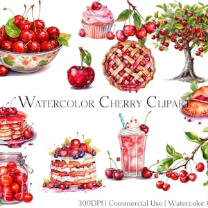 Watercolor Cherry Clipart Set: Food & Dessert Designs (PNG + PDF, Commercial Use)
