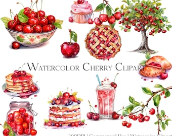 Watercolor Cherry Clipart Set: Food & Dessert Designs (PNG + PDF, Commercial Use)