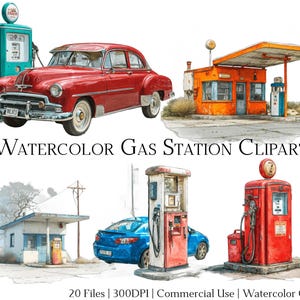 Watercolor Gas Station Clipart Set of 20 Files with Instant Download & Commercial Use, PNG + PDF Format, DIY Crafts.
