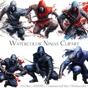 Aquarel ninja&#39;s clipart: Samurai Warrior Art (PNG + pdf)