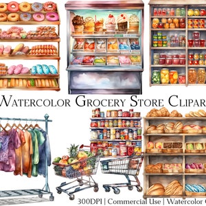水彩の食料品店のクリップアート セット (25 ファイル)。即時ダウンロード可能で商用利用も可能。PNG + PDF 形式。DIY クラフトに最適。