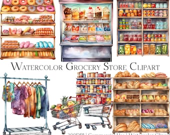 Watercolor Grocery Store Clipart Set of 25 Files with Instant Download & Commercial Use, PNG + PDF Format Perfect for DIY Crafts.