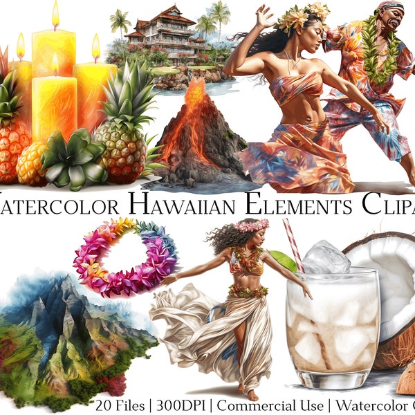 Watercolor Hawaii Elements Clipart Set of 20 Files with Instant Download & Commercial Use, PNG + PDF Format, Perfect for DIY Crafts.