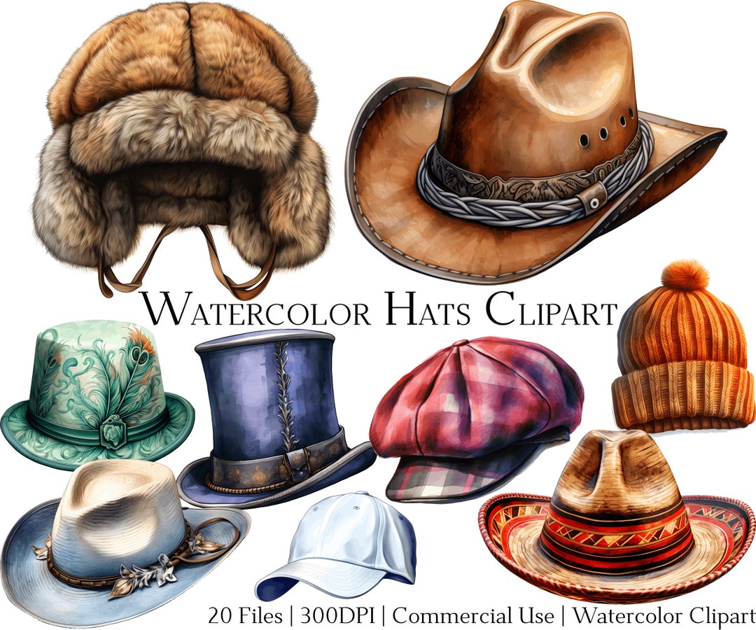 Watercolor Hats Clipart Set of 20 Files With Instant Download