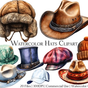 Conjunto de 20 archivos de imágenes prediseñadas de sombreros de acuarela con descarga instantánea y uso comercial, formato PNG + PDF, perfecto para manualidades de bricolaje.