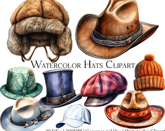 Watercolor Hats Clipart Set of 20 Files with Instant Download & Commercial Use, PNG + PDF Format, Perfect for DIY Crafts.
