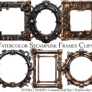 Puede incluir: Conjunto de seis marcos steampunk de acuarela. Los marcos son de varias formas, incluyendo cuadrado, redondo y ovalado. Están decorados con engranajes, piñones y otros elementos steampunk. Los marcos son perfectos para agregar un aspecto vintage e industrial a tus diseños.