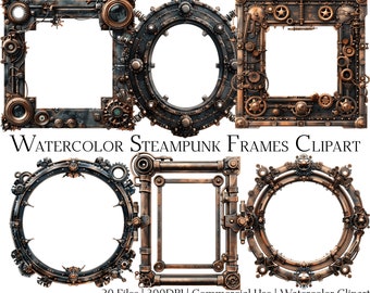 Watercolor Steampunk Frames Clipart: 20 PNG & PDF Files