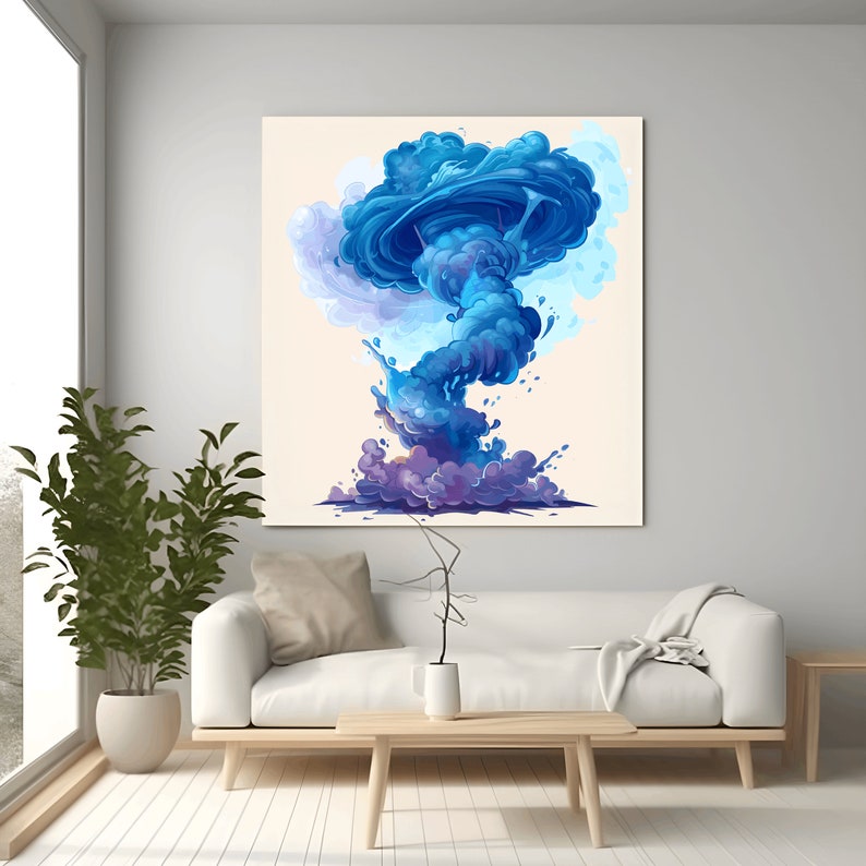 May include: A digital painting of a blue and purple swirling cloud formation, resembling a tornado or vortex, against a light beige background.