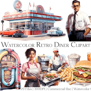 Aquarel retro diner clipartset van 20 bestanden met directe download en commercieel gebruik, png- en pdf-indeling, perfect voor knutselen.