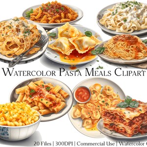 Può includere: Una collezione di illustrazioni ad acquerello di diversi piatti di pasta. Le illustrazioni includono lasagne, ravioli, spaghetti, maccheroni al formaggio e altri piatti di pasta.