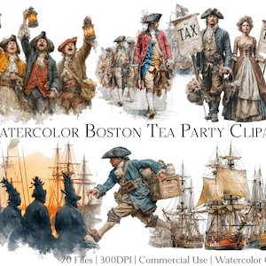 May include: Watercolor clipart of the Boston Tea Party, depicting figures in historical attire, including men with lanterns and signs saying "No Tax". Also includes images of ships and figures in action.