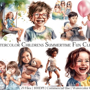 Aquarel kinder zomer leuke clipartset van 21 bestanden met directe download en commercieel gebruik, png- en pdf-indeling, perfect voor doe-het-zelf.
