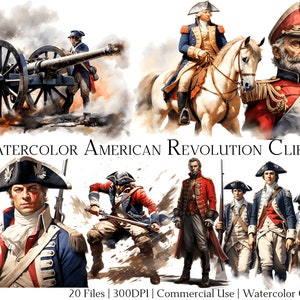 Set di 20 file di clipart ad acquerello della Rivoluzione americana con download immediato e uso commerciale, formato PNG + PDF, fai da te.