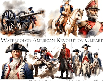 Watercolor American Revolution Clipart Set of 20 Files with Instant Download & Commercial Use, PNG + PDF Format, DIY Crafts.