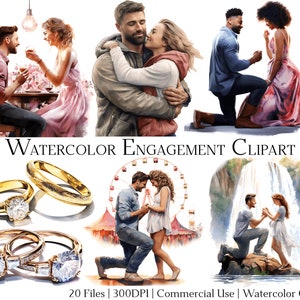 May include: Watercolour clipart set of couples getting engaged. The set includes a couple in a park, a couple by a waterfall, a couple in a Ferris wheel, and a couple in a restaurant. The set also includes a variety of engagement rings.