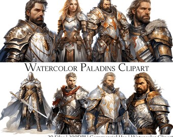 May include: Watercolor clipart of eight paladins in various poses, wearing silver and gold armor with white cloaks. The paladins have beards and long hair. The image is titled "Watercolor Paladins Clipart".